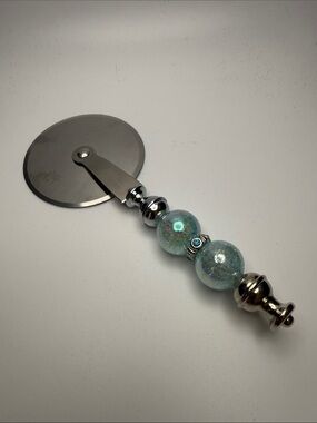 Glass Bead Handle Pizza Cutter in Light Teal and Silver